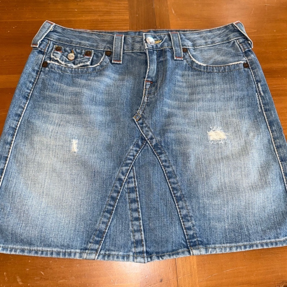 True Religion Joey Denim Mini Skirt 29 Distressed Pockets Pockets Festival Boho